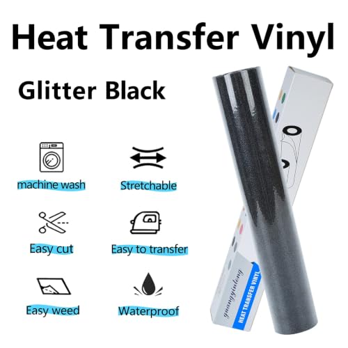 Image of guangyintong Glitter Heat Transfer Vinyl 12 inch x 25ft Black Iron on Vinyl