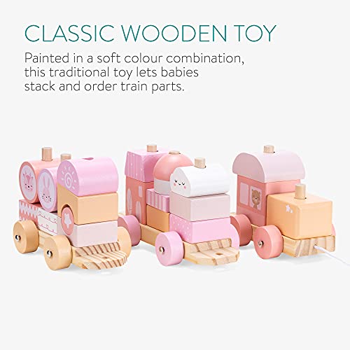 Navaris Holzzug Spielzeug für Mädchen und Jungen - Zug Lokomotive Holz mit Würfel - Eisenbahn inkl. Holzbausteine - Holzeisenbahn zum Nachziehen – Bild 3
