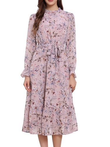 Image of Allegra K Fall Casual Floral Dress for Women 2025 Long Sleeve Crew Neck Chiffon Midi Tea Party Ruffle Dresses