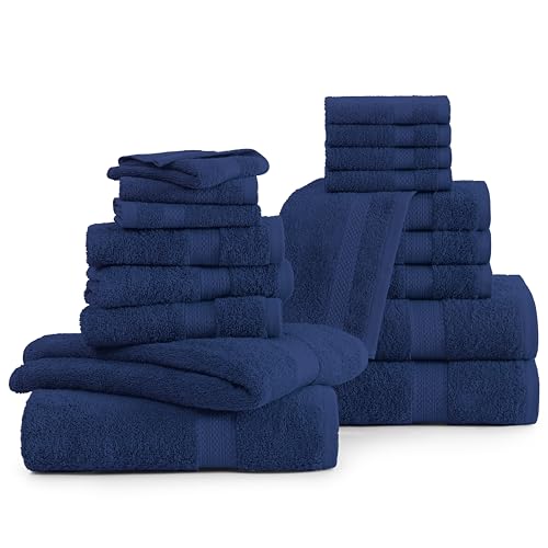 Image of LANE LINEN Cotton Bath Towel Set - 18 Piece - Low Twist, Soft & High Absorbency - 4 Bath, 8 Wash Cloth, 6 Hand Towels - Classic Hotel Quality, Durable & Ideal for Modern Bathrooms - Navy Blue