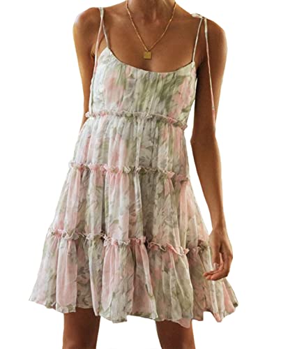 Image of Mansy Womens 2026 Summer Floral Mini Dress Boho Flowy Skater Dresses Short Sleeveless Ruffle Spaghetti Strap Dress