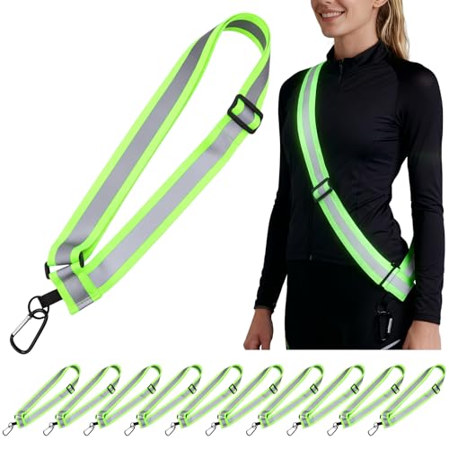 Tlence 10 Pack Reflective Sash for Walking High Visibility Running Belt at Night Adjustable Reflective Safety Straps with Clip Elastic Reflectors Gear for Men Women Biking Cycling Dog Walking