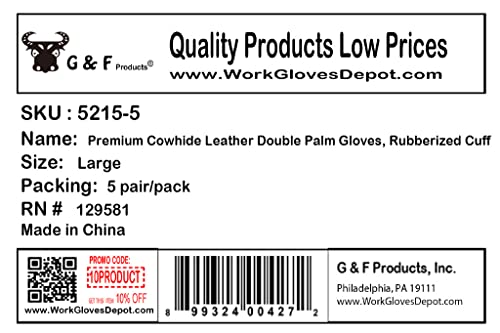 Image of G & F Products G & F 5215L-5 Premium Suede Double Palm & Index Finger Work Gloves with 2 & 1 /2 Rubberized Safety Cuff, 5 Pair Pack, Large, Grey