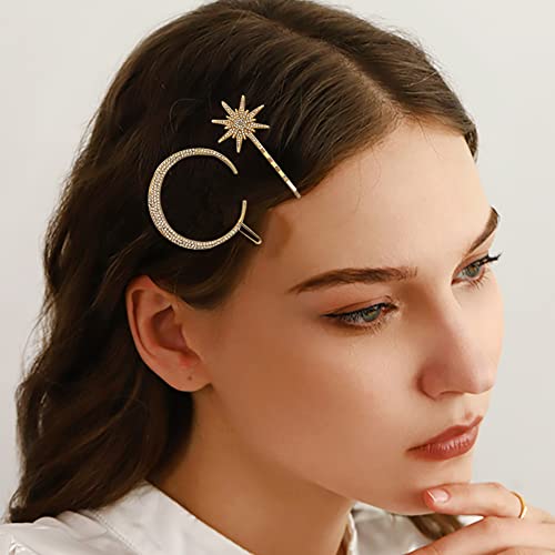 3 Pcs Stars Moon Hair Clips Metal Rhinestone Hair Pin For Wedding Bridal Shower Hair Accessories For Women Ladies Thick Hairstyle Dainty Accessories Headwear(Star And Moon) #TOP2