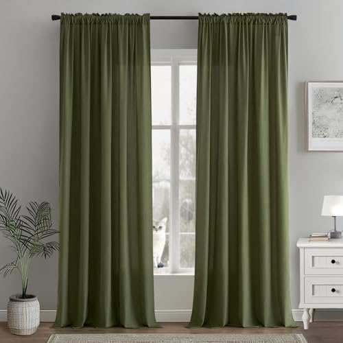 Image of MIULEE Olive Green Semi Sheer Privacy Curtains Drapes 2 Panels 52W x 90L