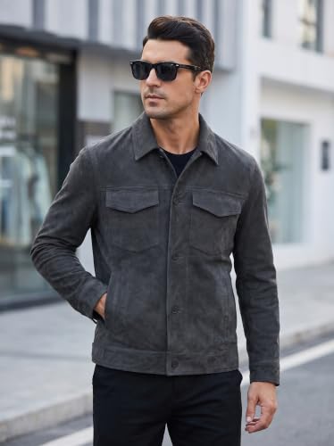 Image of Men's Suede Leather Jacket Real Lambskin Suede Casual Leather Jackets For Men Suede Trucker Coat for Mens