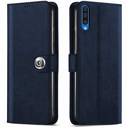 Image of TheGiftKart Genuine Leather Finish Flip Cover for Samsung Galaxy A50s / A50 / A30s | Inside Pockets & Inbuilt Stand | Wallet Style Back Case | Designer Button Magnet Closure (Blue)