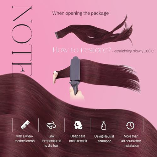 Image of Moresoo Burgundy Tape in Extensions Real Human Hair Seamless Hair Extensions Wine Red Human Hair Extensions Tape in Extensions Silky Straight Human Hair 14 Inch #99J 20pcs 40g