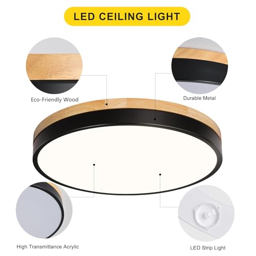 Image of Modern Wood Black Flush Mount Ceiling Light 11.81 Inch