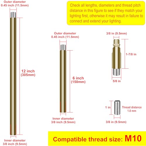 Image of M10 Threaded Extension Poles Lighting Fixture Downrods Stems & 180 Degrees Sloped Ceiling Adapter Kits for Pendant Light, Island Lighting, Chandeliers (Brass)
