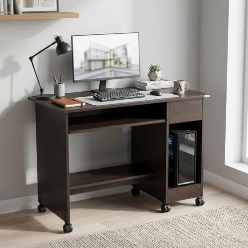Image of Nilkamal Zenith Lite Computer Table | Engineered Wood | Computer Desk with Keyboard Tray, 2 Open Shelves and 1 Drawer | Study Table | for Home, Office, Workstation | Wenge