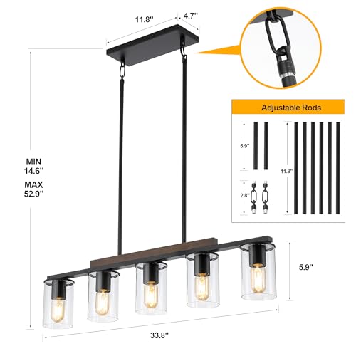 Mecgirn Farmhouse Dining Room Light Fixtures Over Table, Black Pendant Lights For Kitchen Island, 5 Light Linear Chandelier Lighting With Wood thumb #4