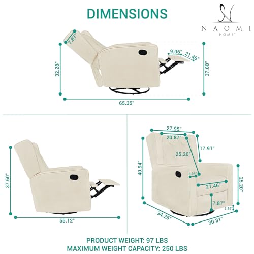 Naomi Home Relieve Muscle Aches with Nursery Glider, Upholstered Rocker Recliner Rocking Breastfeeding Maternity Chair with 360° Swivel, Soft Cushions for Nursing and Bonding, Reclining Chair - Cream