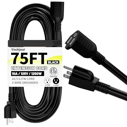 75 Ft 10A 1250W 16AWG Black Indoor Outdoor Extension Cord Waterproof Extension Cord with 3 Prong Grounded Plug Flexible Weatherproof Power Cable SJTW