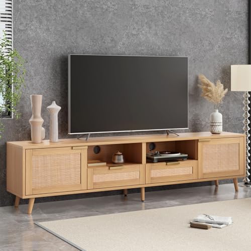 OLIVIBED TV-Schrank mit Offene Fächer, TV Lowboard mit Rattan...