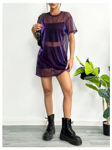 Image of Verdusa Women's See Through Mesh Short Sleeve Round Neck Mini Dress Purple Small