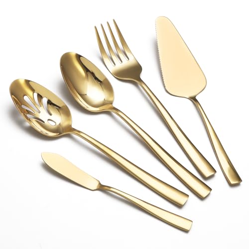 Five gold stainless steel serving pieces from the Remoxye set including spoons, slotted spoon, fork and cake server — a compact kit for smaller iftar gatherings.