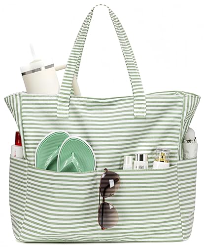 LEDAOU Large Beach Tote Bag Women Waterproof Sandproof Zipper Beach Tote Bag for Pool Gym Grocery Travel with Wet Pocket