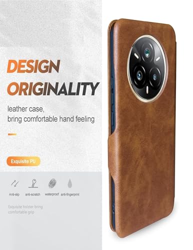 Image of Premium Vegan Leather Phone Cover with Card Slot - Slim, Durable, Privacy Protection, Kickstand Function, Elegant Flip Wallet Cases Compatible for Realme 14 Pro Plus 5G (Brown)