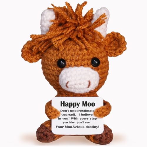 Highland Cow Crochet Positive Emotional Support Cow Handmade Emotional Cheer Support Funny Gifts for Friend Coworker Birthday Christmas Stocking Stuffer White Elephant Under 10 Dollars