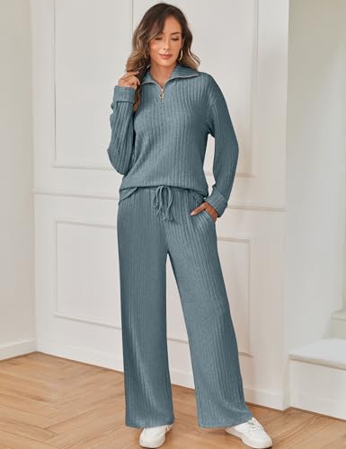 SHESHOW Women 2 Piece Lounge Set Long Sleeve Lapel Zip Up Pullover and Wide-Leg Pants Sweatsuits Travel Outfits3