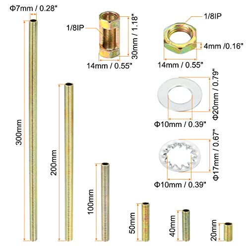 Image of PATIKIL 1 /8IP Thread 6 Size Lamp Pipe Kit with Lock Nuts Washers, 2 Set Fasteners Assortment Hardware for Chandelier Ceiling Light DIY, Zinc Plating