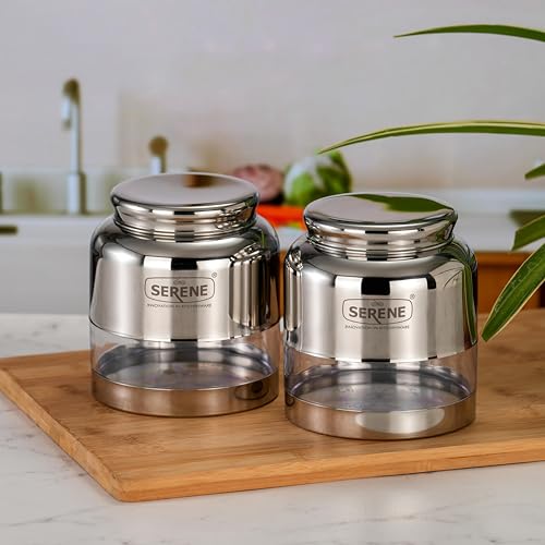 Image of Serene Stainless Steel Exotic See-Through Jar | Airtight Jars for Kitchen Storage | Premium Steel Jars with One Turn Lock Lid | Transparent Stainless Steel Containers | 1000ML each | 2 PC