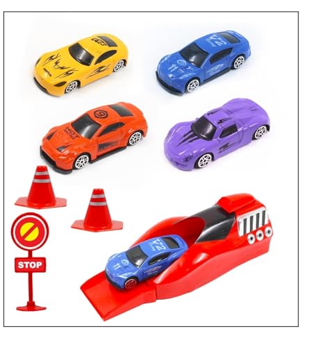 Image of Royals hub Big Size Rapid Launcher High Speed Car Set of 4PCS Die-Cast Metal Car Set Stunt Car Master Racer with High-Speed Launcher Includes 3 Road Blockers 1 Stopper Birthday Gift for Boys Girls 3+