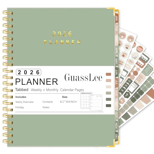 GuassLee 2026 Planner - Hardcover Daily Planner from Jan. 2026-Dec. 2026 - A5 Weekly & Monthly Calendar Agenda Organizer Book with Stickers, Back Pocket, Coated Tabs - 6.1'x 8.4', Light Green