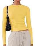 Women's Soft Long Sleeve Shirts Crew Neck Tops Basic Tees Stretchy Going Out Crop Tops Y2K Slim Fit T-Shirts Lemon Yellow M
