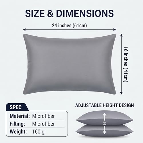 Image of Restify Microfiber Bed Pillow Pack of 2, 24 x 16 Inch Grey | Ultra Soft Sleeping Pillows for Adults | Breathable Velvet Cover | Hotel Quality Pillow for Back, Side & Stomach Sleepers