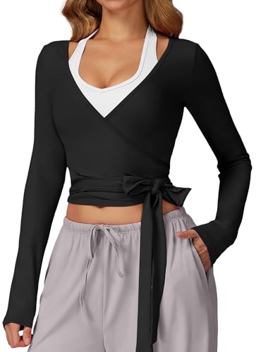 KEOYA Women's Wrap Top Long Sleeve Cross Tie Yoga Ballet Pilates Shirt Workout Blouses V Neck Y2K Dance Cardigan Black L
