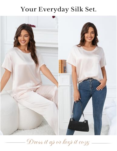 Image of THXSILK Mulberry Silk Womens Pajama Set with Pocket, 2 Piece Lounge Sets for Women, Short Sleeve Sleepwear