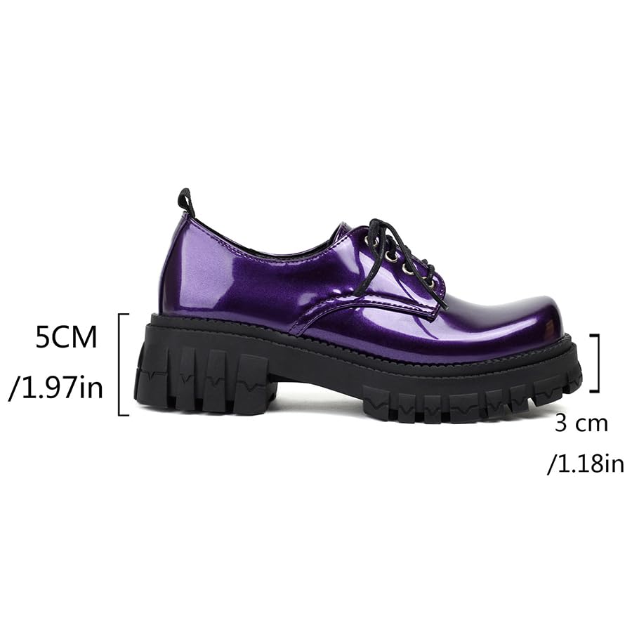 Image of Women's Patent Leather Platform Chunky Loafers Perforated Lace-up Round Toe Wingtip Oxford Shoes Non-Slip Lug Sole Brogue Dress Shoe