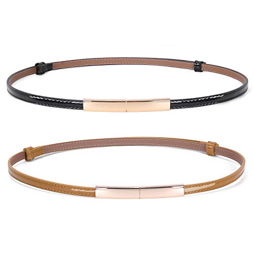 JASGOOD 2 Pack Women's Skinny Leather Belt Adjustable Slim Waist Belt with Gold