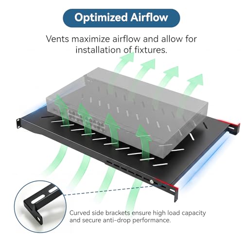 Image of Adjustable 1U Server Rack Shelf 28-34.4 Inch Depth, Vented Design for 4 Post Computer Racks and Cabinets, 80kg Heavy Duty Load Capacity