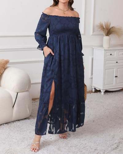 Plus Size Summer Dresses Sun - Maxi Boho Casual Off Shoulder Floral Lace Long Dress with Pockets3