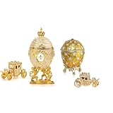 Decorative Cream Royal Easter Egg Replica and Yellow Coronation Egg Replica with Vintage Trinket Box Carriage