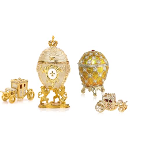 Decorative Cream Royal Easter Egg Replica and Yellow Coronation Egg Replica with Vintage Trinket Box Carriage