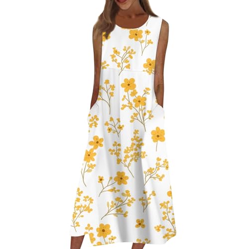 Vestido Largo Mujer Verano Vestidos Boho Chic Playa Dresses Cuello Casual Redondo Sin Mangas Maxi Playeros con Bolsillos Amarillo Terroso XL