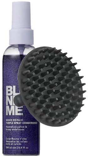 BlondeMe Bond Repair Purple Spray Conditioner 5 oz and Shampoo Scalp Massager – Leave-In Toner Spray for Blonde, Silver & Highlighted Hair – Neutralizes Brassiness, Strengthens Bonds & Adds Shine
