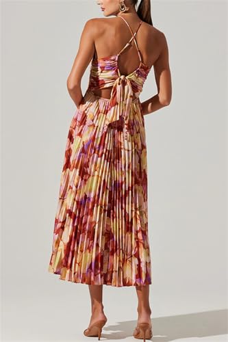 Image of Recious Womens Sexy Spaghetti Strap Sleeveless Printed Bodycon Pleated Party Clubwear Dress