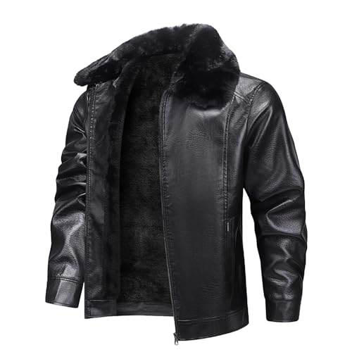 SOOUICKER Lederjacke Herren Winter Gefüttert Bomberjacke Fell Kunstleder Winterjacke Leder Warm Motorradjacke Vintage Fliegerjacke mit Fellkragen Hemdjacke Reißverschluss Elegant