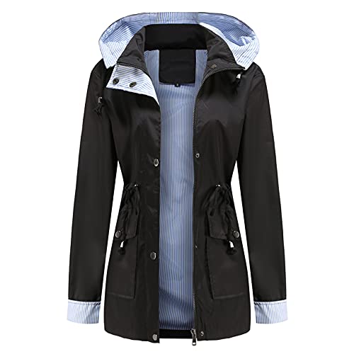 Doslavida Women's Hooded Windbreaker Waterproof Raincoats Lightweight Trench Coats Outdoor Striped Lined Rain Jacket, Black, Small #TOP1