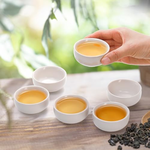 Foraineam Ceramic Sake Tea Cups Set of 12, Premium White Pottery Asia Japanese Teacups, 1.5 Ounces / 45ml Tiny Sake Cup Set Kungfu Style Tea Accessories with Handcraft Gift Box Packaging