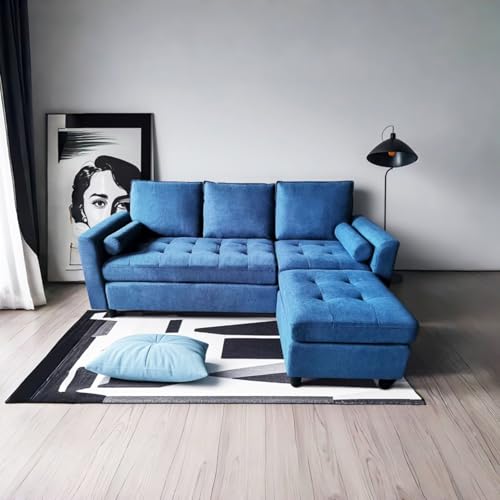 Concepto de fábrica | Sofá de terciopelo Coventry azul 3 plazas + puf | Bienestar y confort premium con muelles y espuma de memoria | Respaldo alto extraíble | Diseño moderno