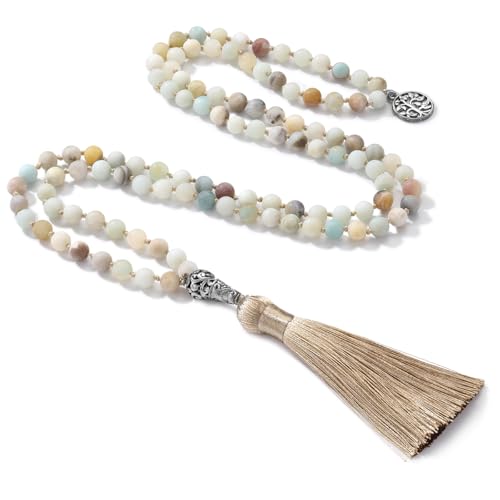 INBLUE 108 Mala Prayer Beads Wrap Necklace with Long Tassel Boho for Women Amazonite Bracelet with Spiritual Tree of Life Pendant 108 Beads Necklace for Meditation - Amazonite