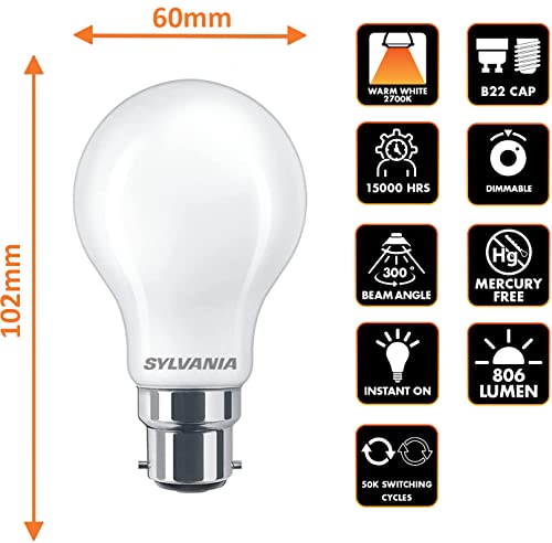 SYLVANIA GLS Frosted LED Light Bulb, Dimmable, B22, 7W, 806 Lumens, Warm White 2700K - 6 Pack - Image 2