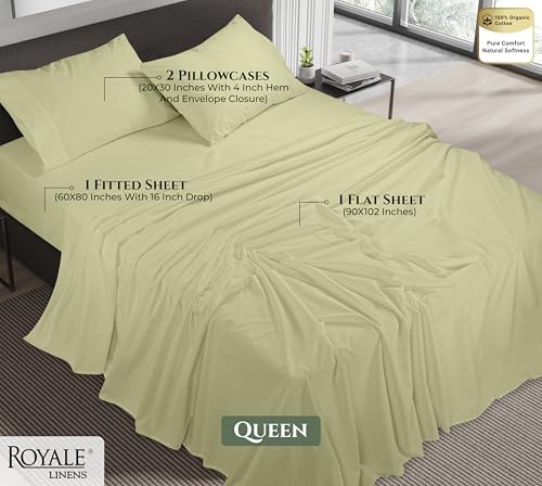 Image of ROYALE LINENS 100% Organic Cotton Queen Sheet Set - 16 inch Deep Pocket Bed Sheets - Sage Green Bed Sheets - Sabanas Queen - 1 Flat, 1 Fitted & 2 Pillowcases - Sage Green Sheet Set - Cotton Bedding Sets