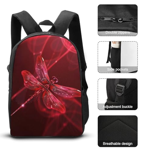 3 Piece Backpack for Women Men Lightweight Causal Daypack Shoulder Bag Set with Insulated Lunch Bag And Pencil Case Organizers Abstract Red Dragonfly3